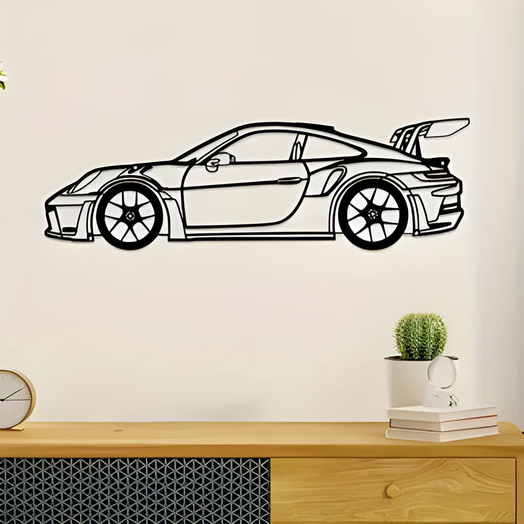 Black iron sports car wall art decoration on a wall, suitable for home or office use