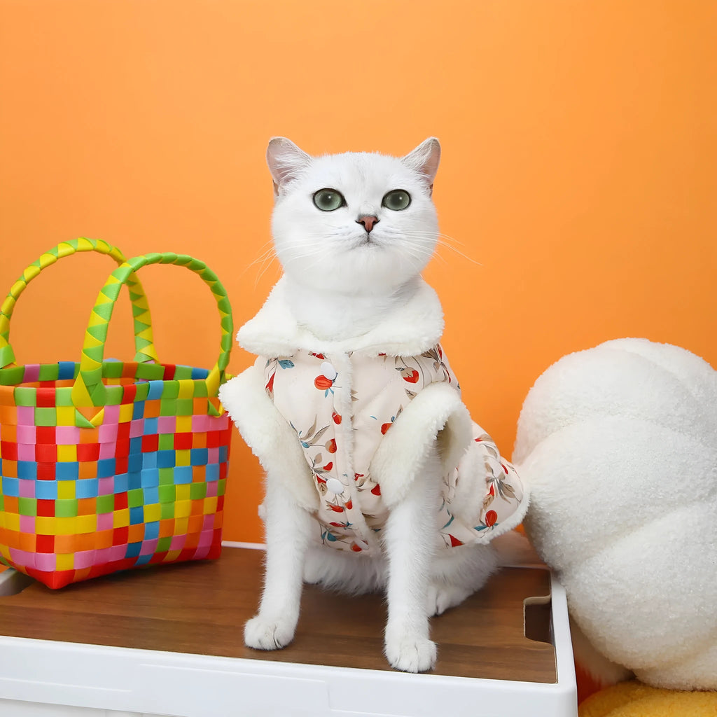 Pet cat clothes autumn winter broken card printing fabric cotton velvet casual style pink white sizes XS to XL