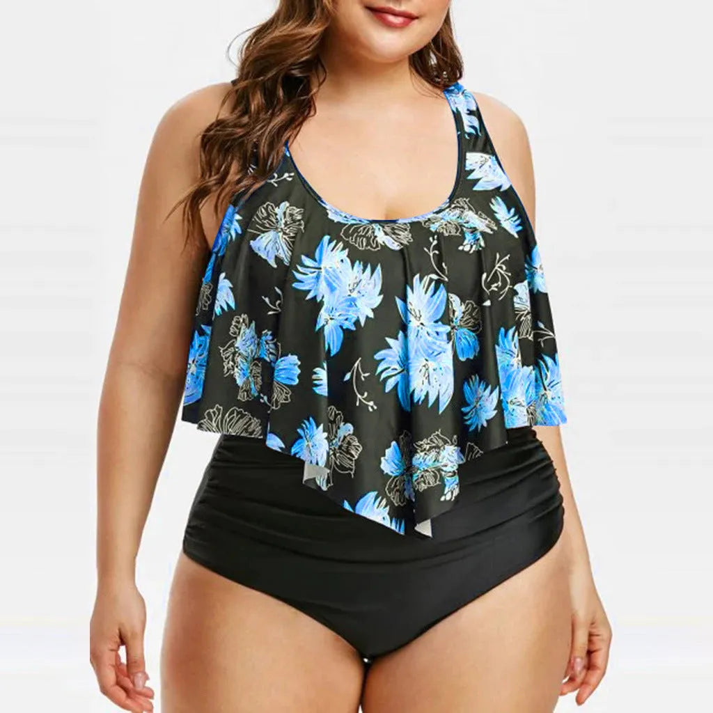 High waist lotus print swimsuit in polyester fibre, available in blue colour, sizes XL to 5XL