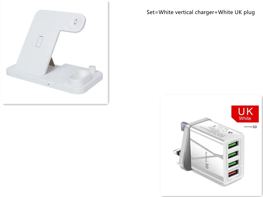 4-in-1 adjustable wireless charging station charging a phone, Apple Watch, and AirPods.