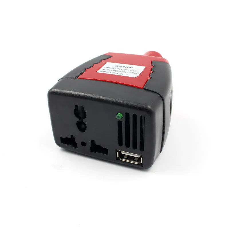 Black and red 150W car power inverter converting 12V DC to 110V AC with USB port.