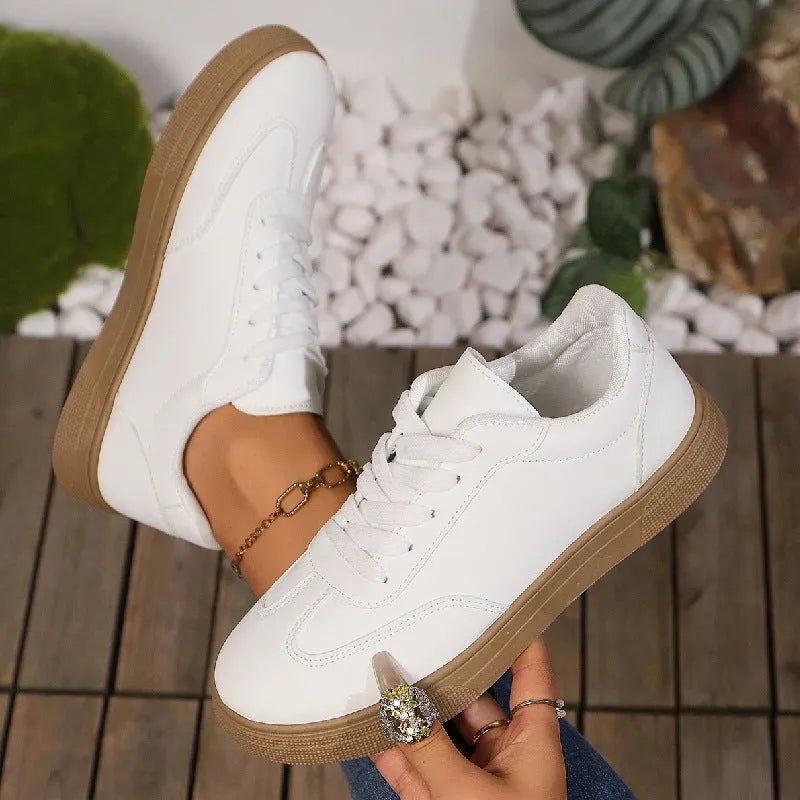 Women's Korean-style casual running shoes flat lace-up low top artificial PU round toe in gray and white