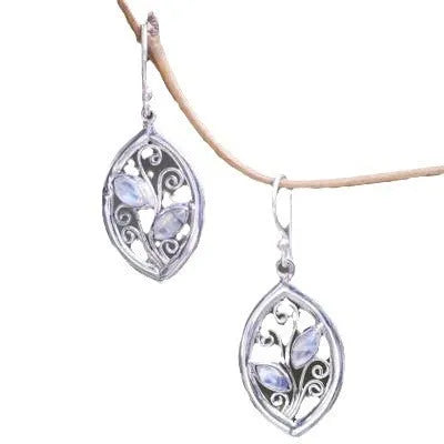 Silver alloy leaf-shaped earrings with an embedded colourful moonstone centrepiece.