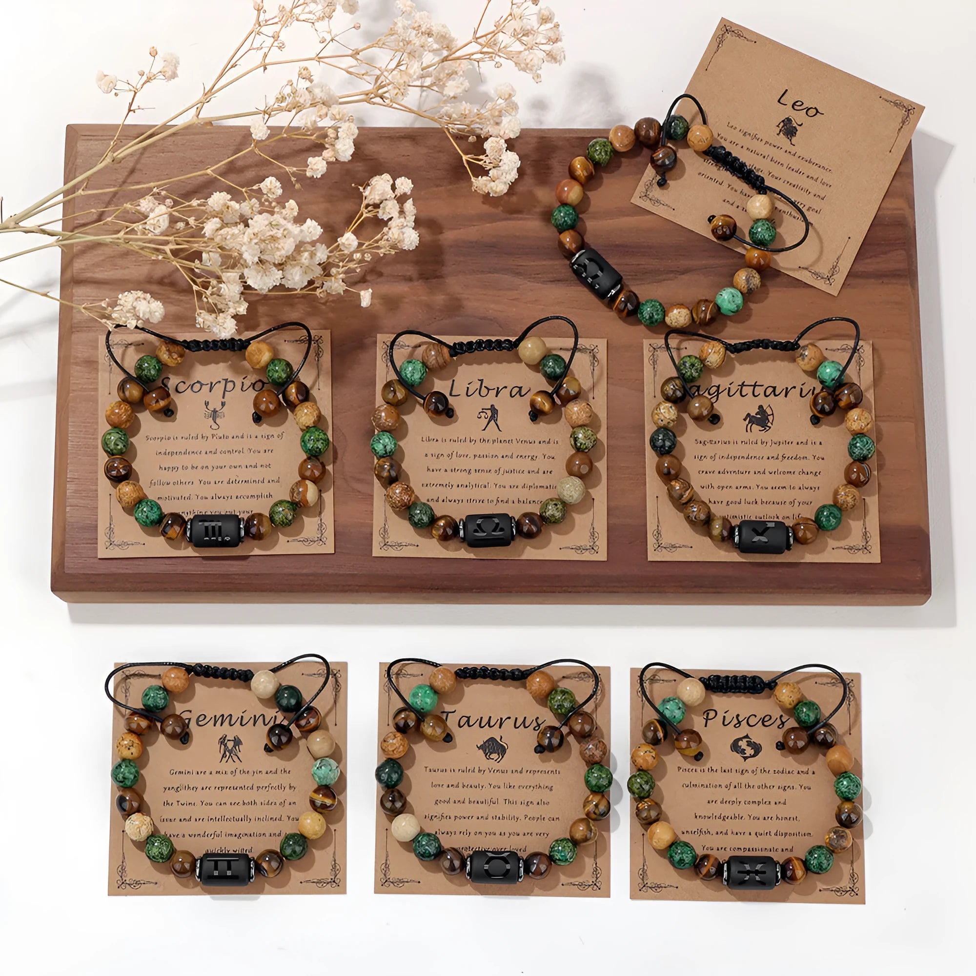 12 constellation woven men's retro natural stone bracelet with agate beads, 19cm length, unisex zodiac design