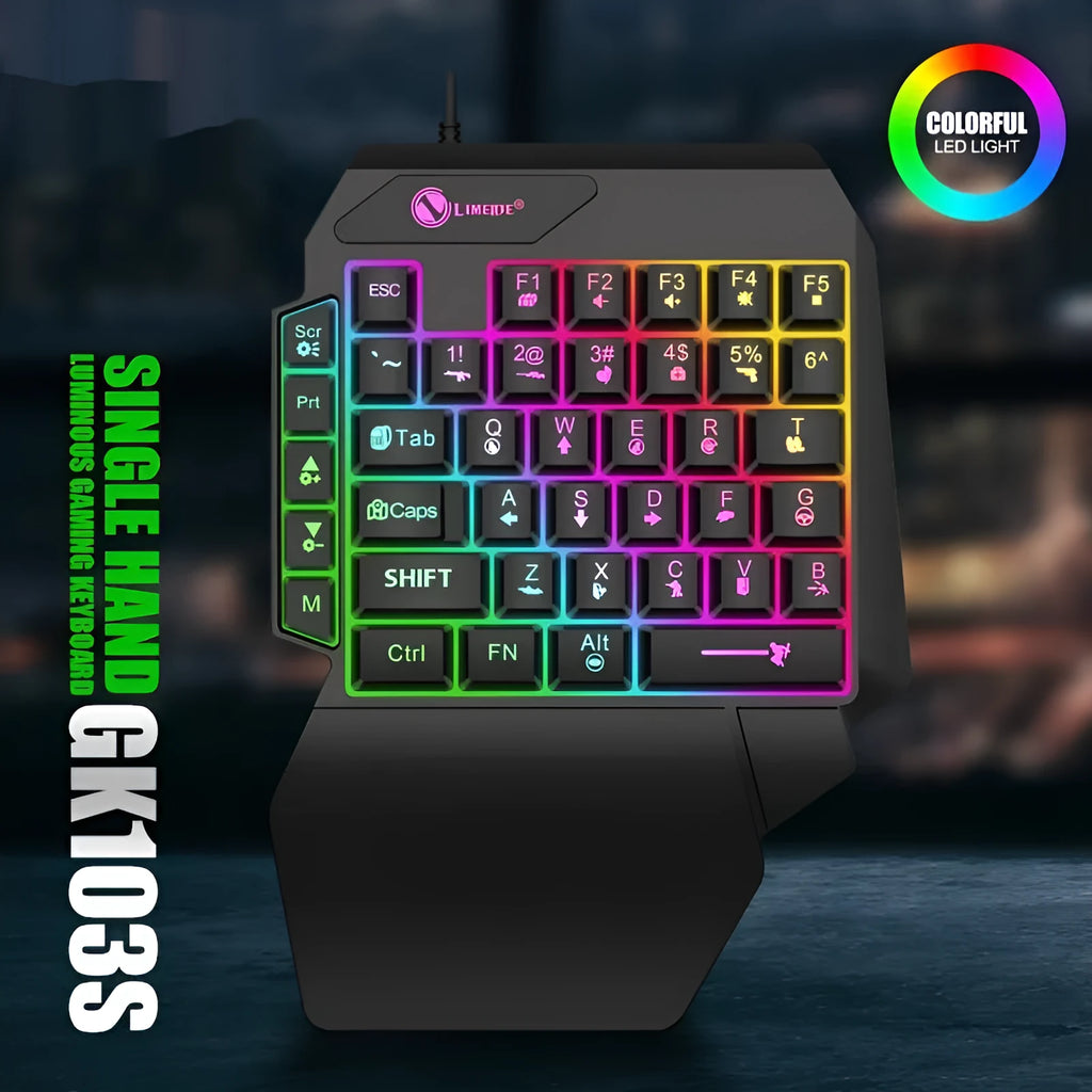 GK103S one-handed gaming mechanical keyboard with colour-changing backlit keys and 1.2m cable