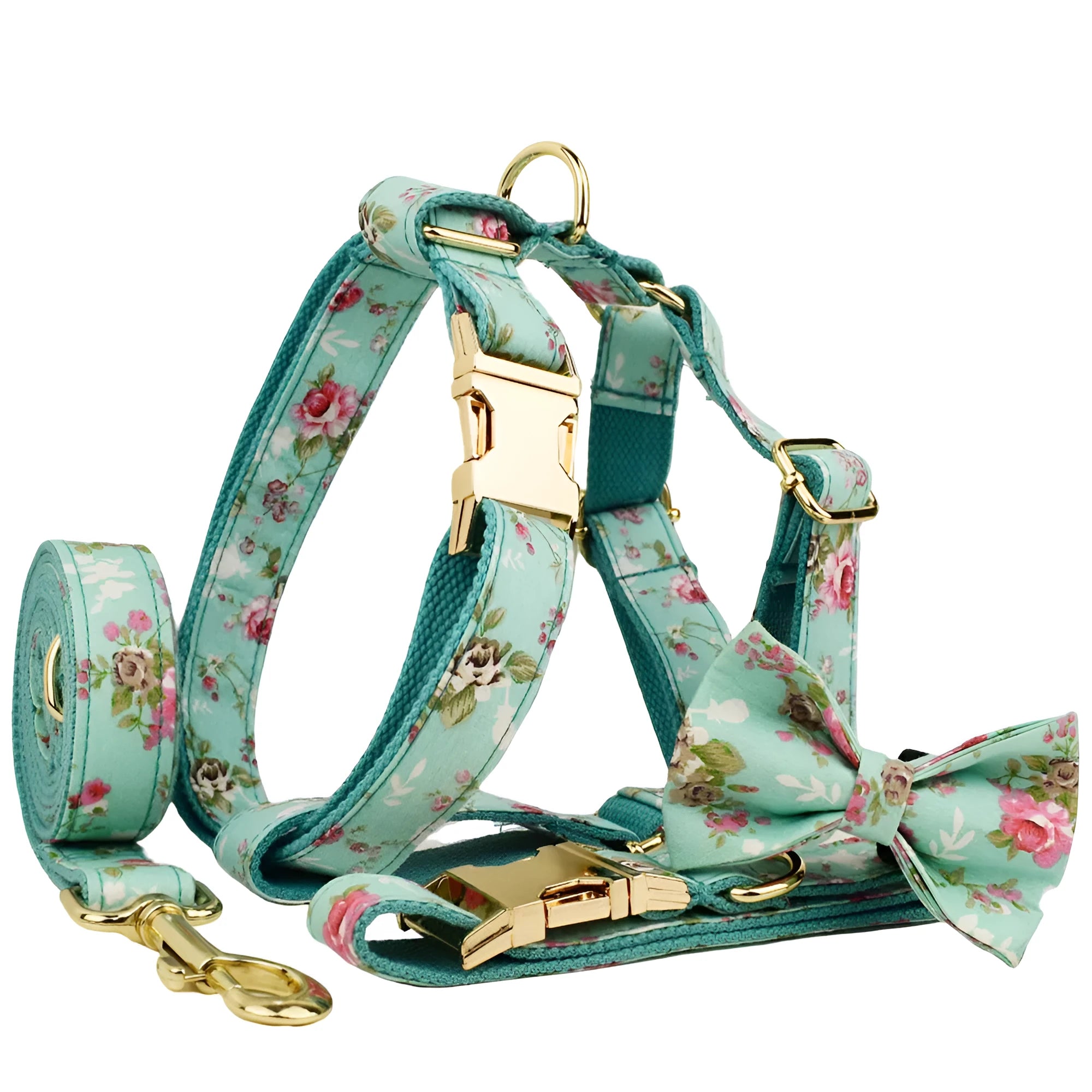 Rose patterned dog collar and leash set with green background, detachable bow, and matching cloth vest.