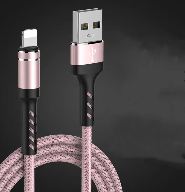 Nylon braided USB cable with aluminium connector, 1m, fast charging 3A, in black red and pink