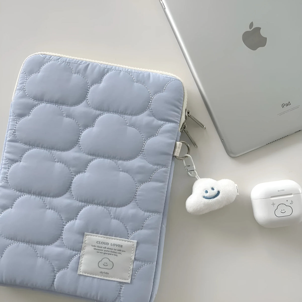 Cute cloud embroidery cotton notebook storage bag for iPad or tablet in white colour