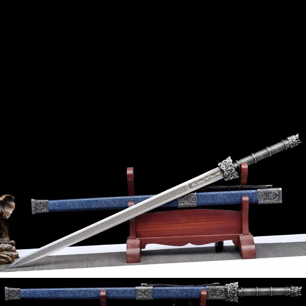 Ancient-style Tang sword with 73cm unsharpened high manganese steel blade, solid wood scabbard with leather covering