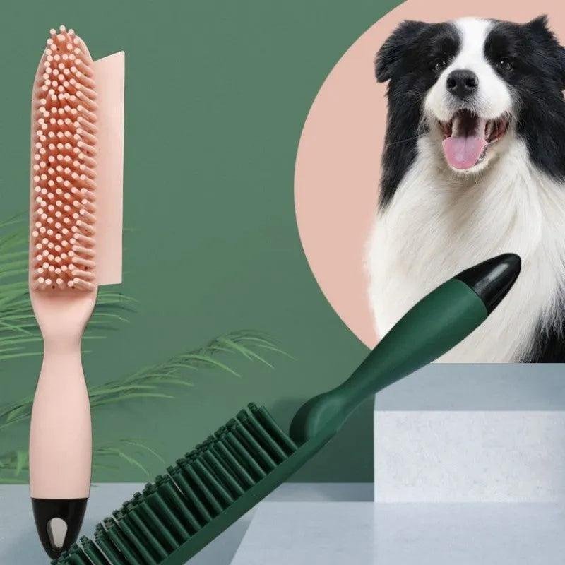 Green and pink pet grooming brush with massage function and hair collector for dogs and cats