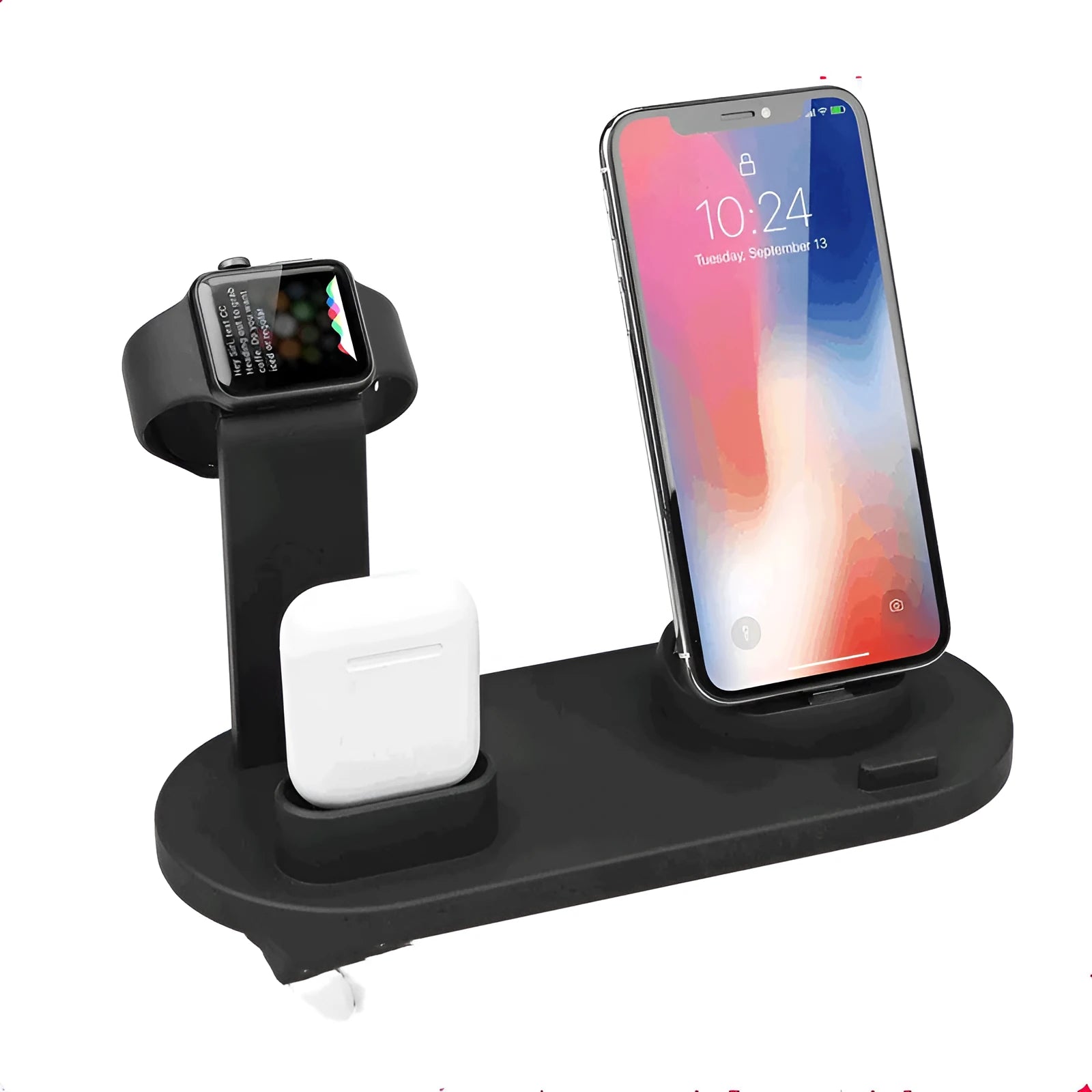 Black and white headphone charging stand with integrated 3-in-1 USB charger