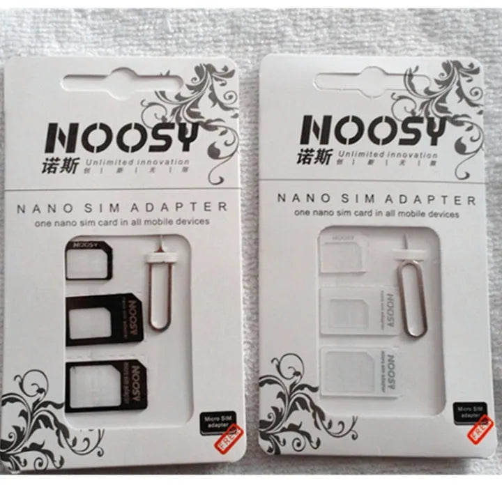 Three blank SIM cards in black and white colours showing cuttable design for different phone SIM sizes