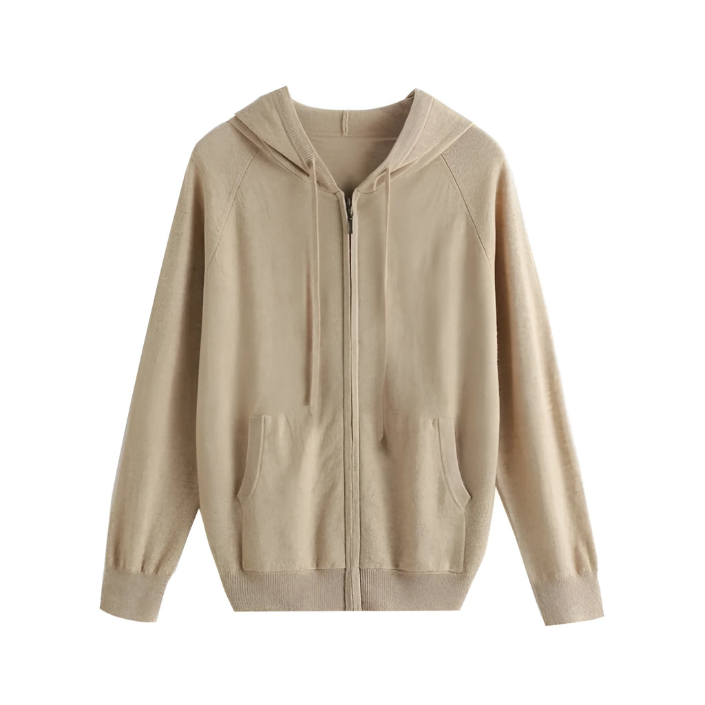 Men's cashmere knitted cardigan with full zip front and hood in solid colour options