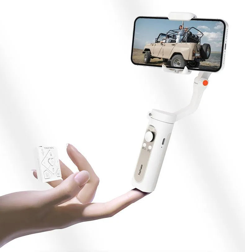 Black or white 3‑axle foldable phone stabiliser showing compact 179mm size and USB port.