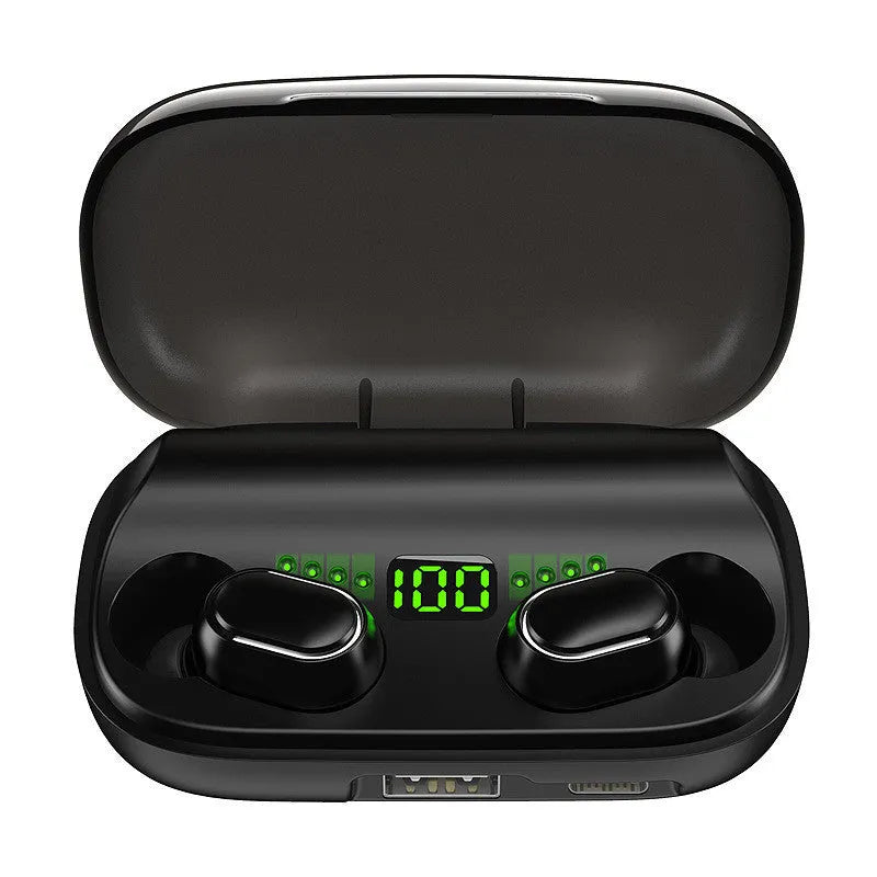 Black TWS XT01 Bluetooth earphones with charging case showing white and blue indicator lights.