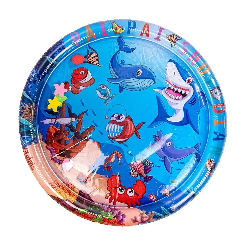 Inflatable blue pet cooling water mat with dolphin print, filled with water for a dog or cat.