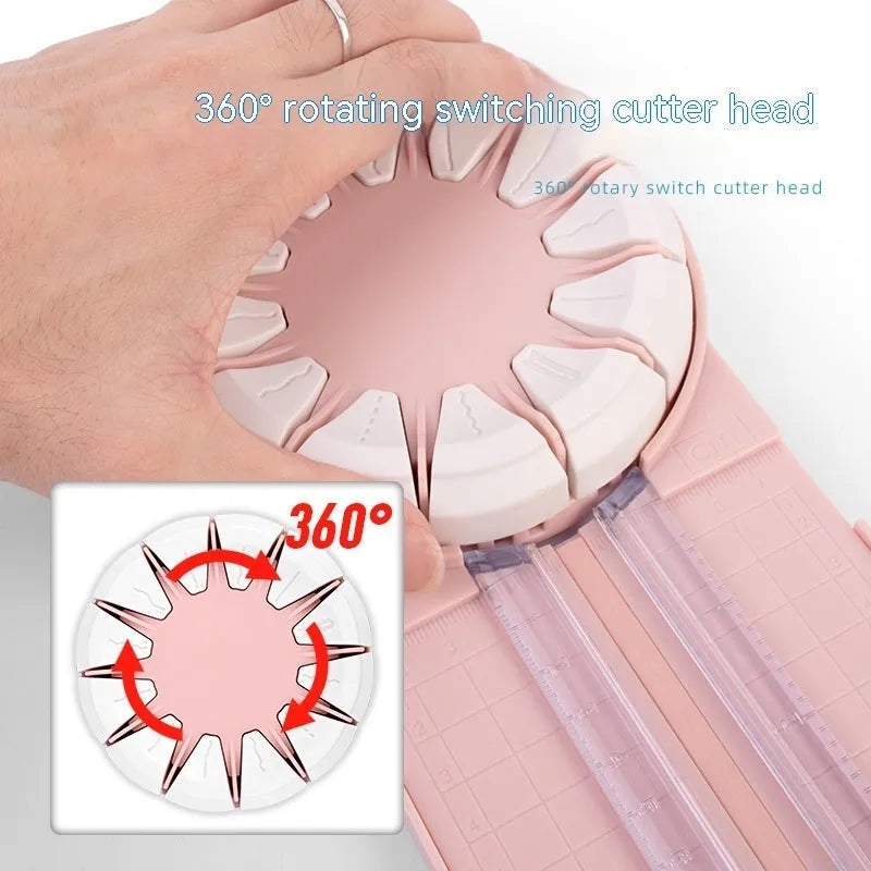 Pink and black multifunctional 12-in-1 dotted plastic paper cutter machine for crafts.