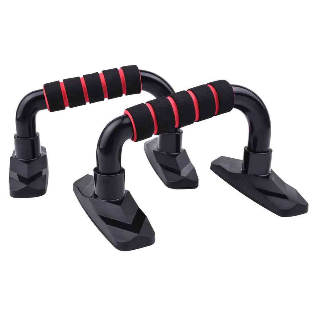 I-shaped push up bars in black, blue, gray, and red colours for strength training exercises