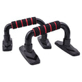 I-shaped push up bars in black, blue, gray, and red colours for strength training exercises