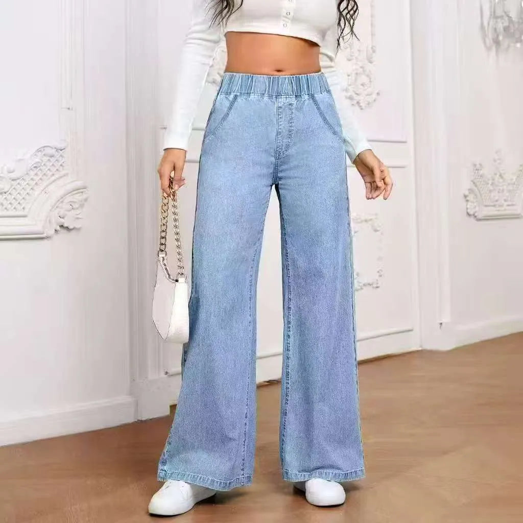 Light blue washed wide-leg denim trousers with straight cut and mid waist design