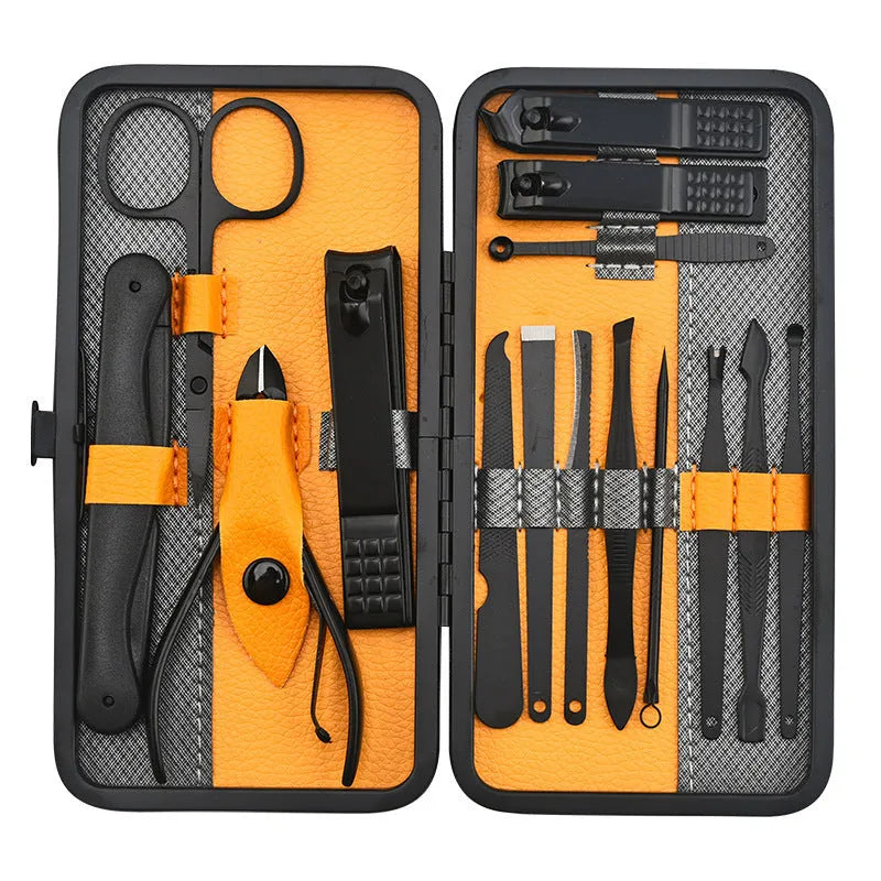 Manicure set with stainless steel tools in a PU leather case, available in red, grey, yellow, and blue