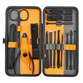 Manicure set with stainless steel tools in a PU leather case, available in red, grey, yellow, and blue