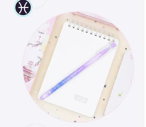 Box containing twelve constellation themed quick-drying gel pens for office use
