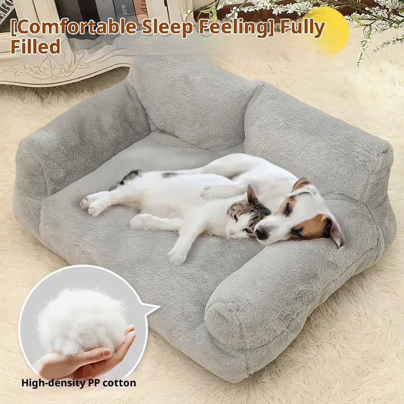 Large pink rabbit fur plush pet sofa bed for dogs with raised edges and anti-slip base