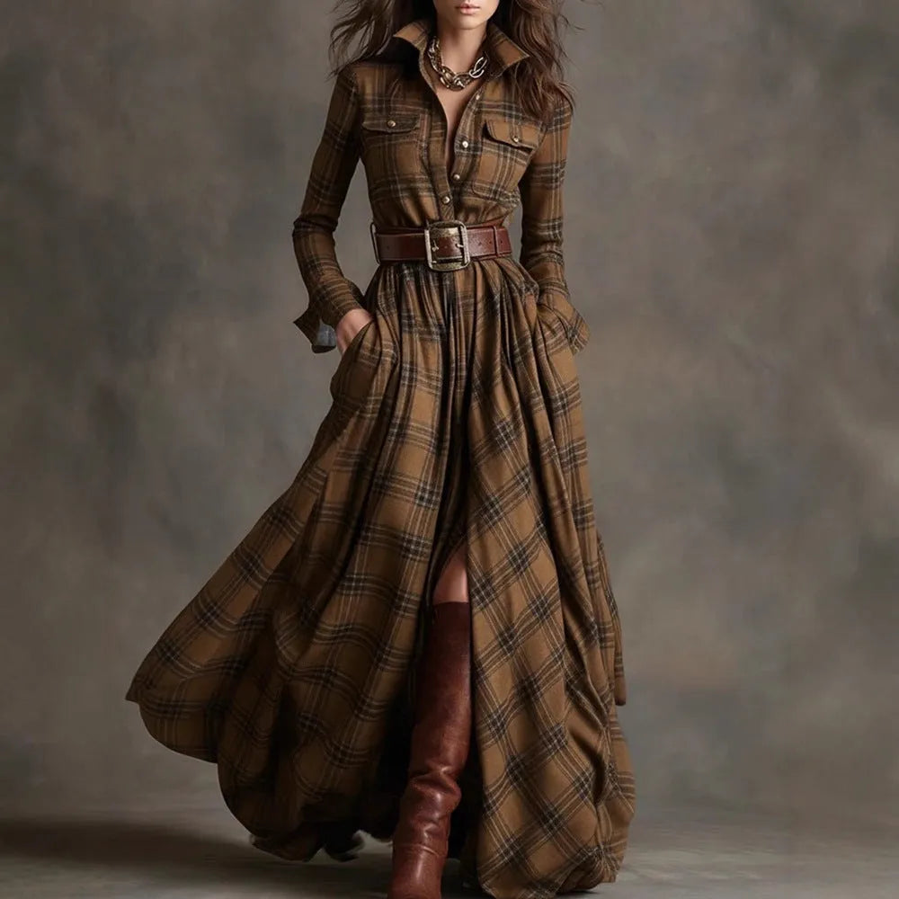 Women's Geometric Plaid Irregular Dress with Stitching Detail Mid Waist Fit Available in S-XXL Black Gray Navy Blue Green Khaki Polyester Fabric