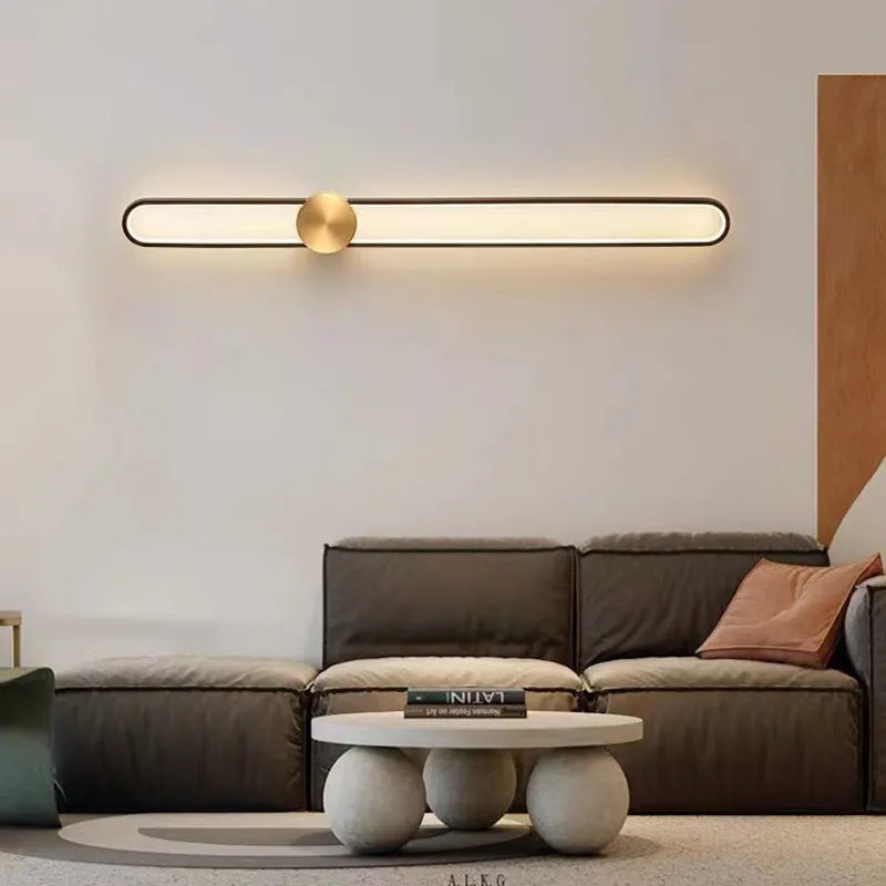 Modern round iron wall lamp with black or gold frame, 60cm diameter, emitting warm LED light