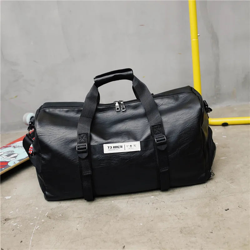 Black fabric portable travel bag shown in large 49cm and small 45cm sizes