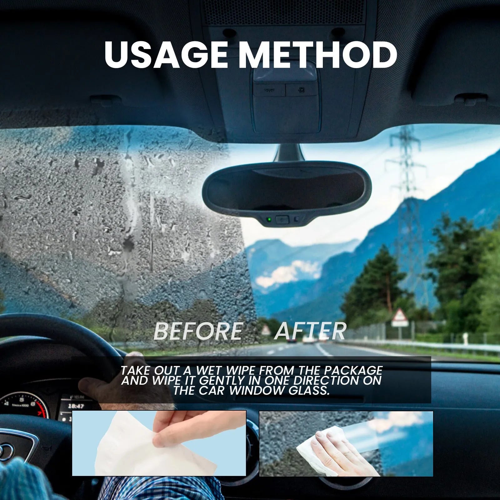 Car anti-fog rain wipes 40-pack with water-based resin formula measuring 18x8x3cm