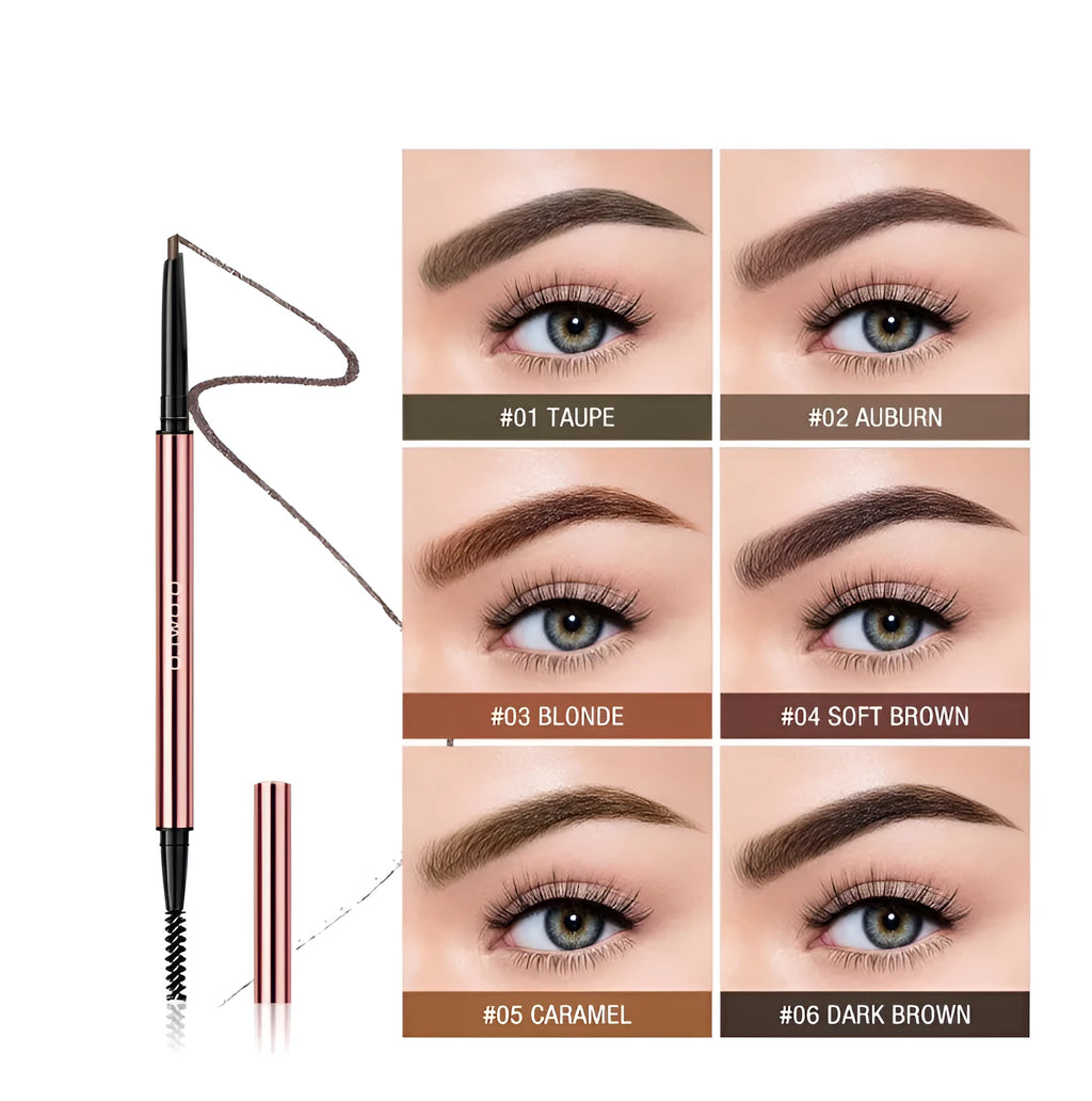 Eyebrow pencil in colour box packaging showing six shade options: Auburn, Blonde, Caramel, Dark Brown, Soft Brown, Taupe.