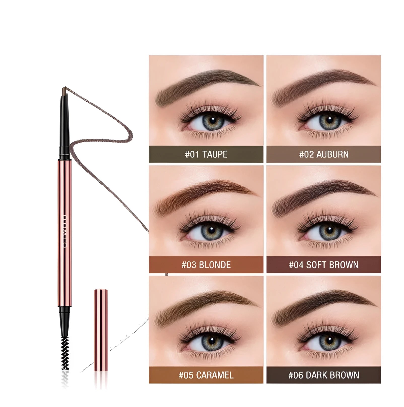 Eyebrow pencil in colour box packaging showing six shade options: Auburn, Blonde, Caramel, Dark Brown, Soft Brown, Taupe.
