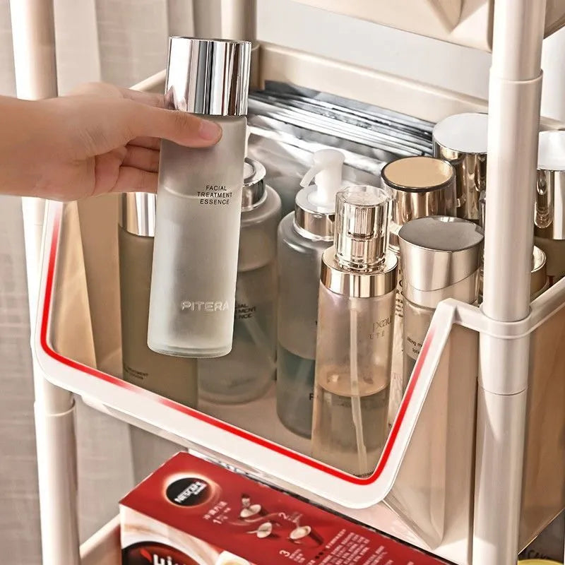 White multi-layer plastic storage rack with wheels, rotatable and movable, shown with open shelves in 3, 4, or 5-layer options.