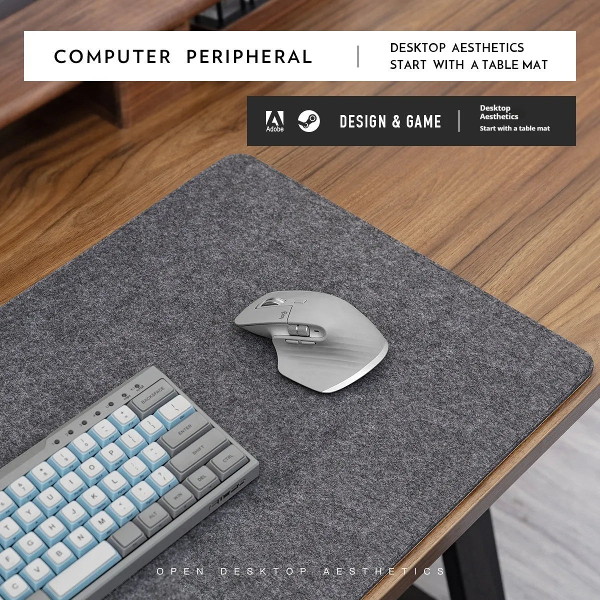 Winter office desk mat in grey felt cork material showing non-slip texture and oversized format