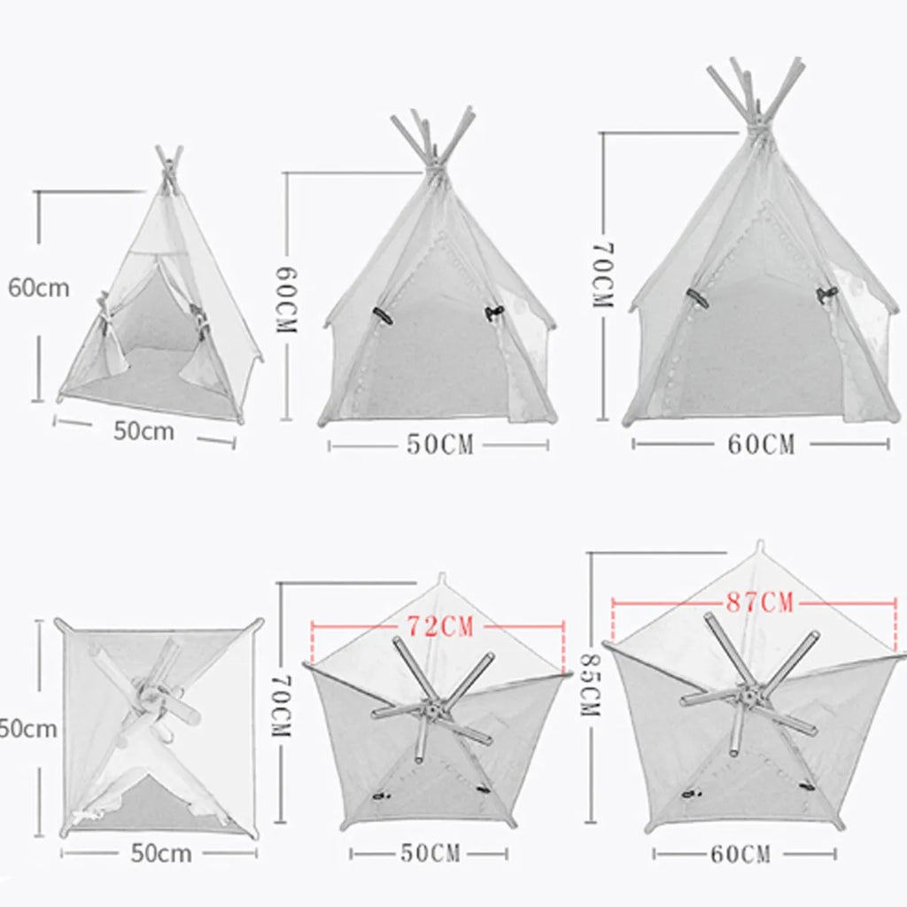 Flax linen portable teepee bed for small dog or cat with striped pattern and cushion