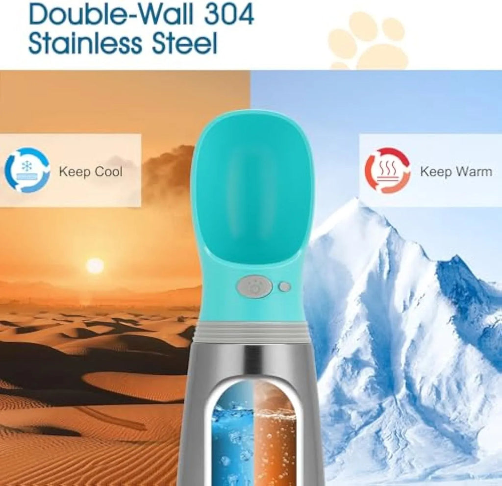 Blue 700ml stainless steel portable dog water bottle with built-in bowl and silicone drinking cup