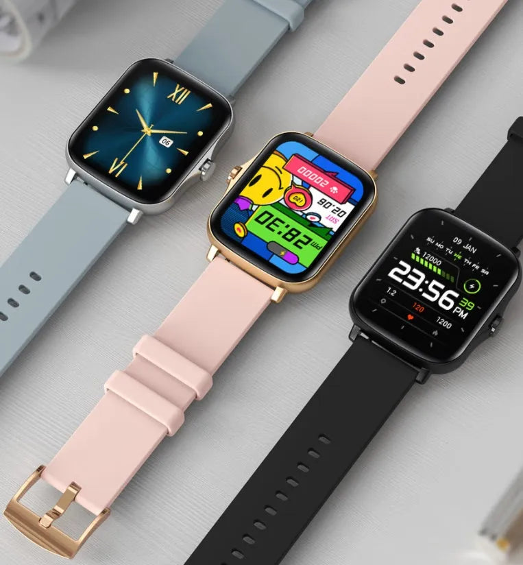 Smart watch with 1.7-inch colour touch screen showing fitness metrics and Bluetooth call interface
