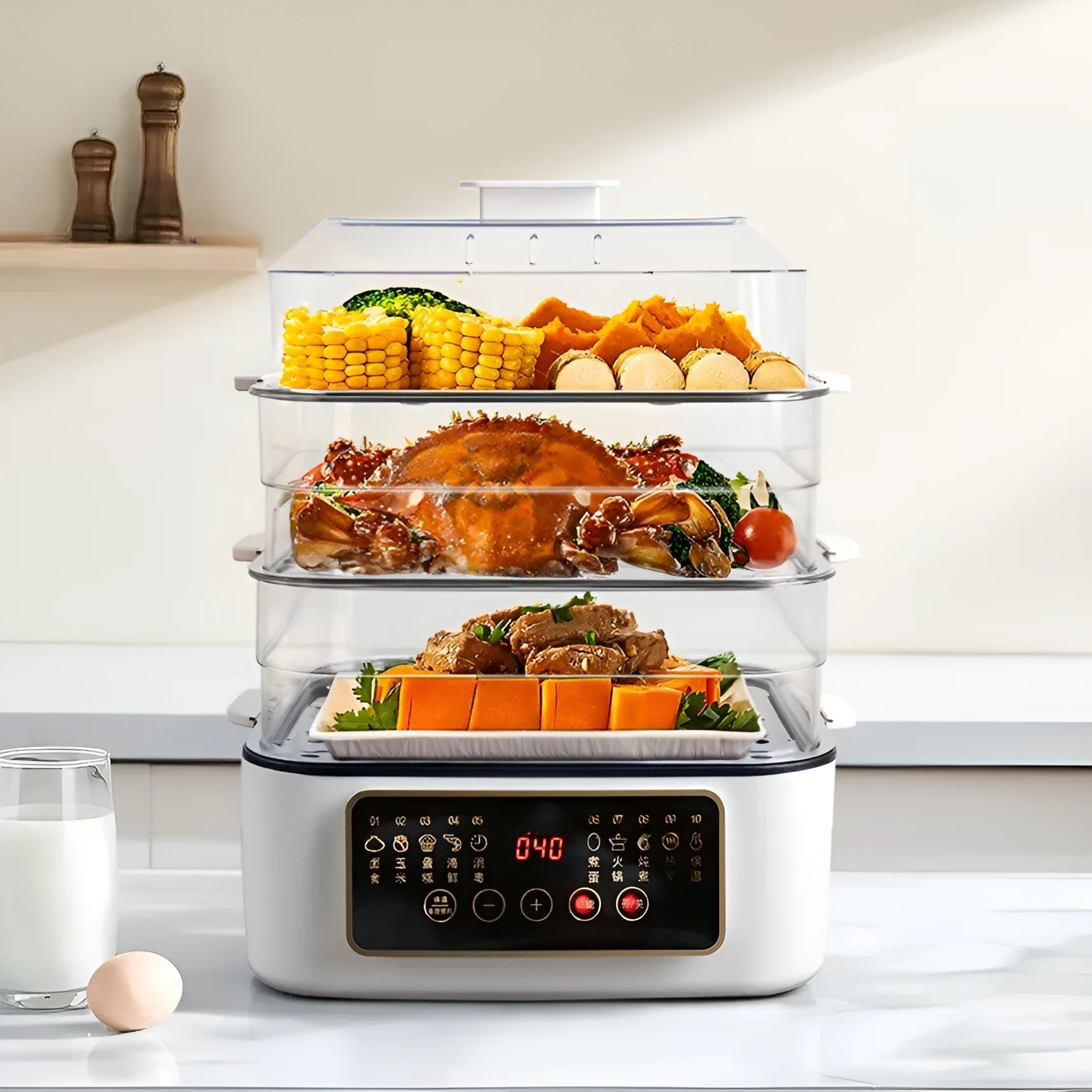 28L electric kitchen steamer with stainless steel racking and cooking integration function