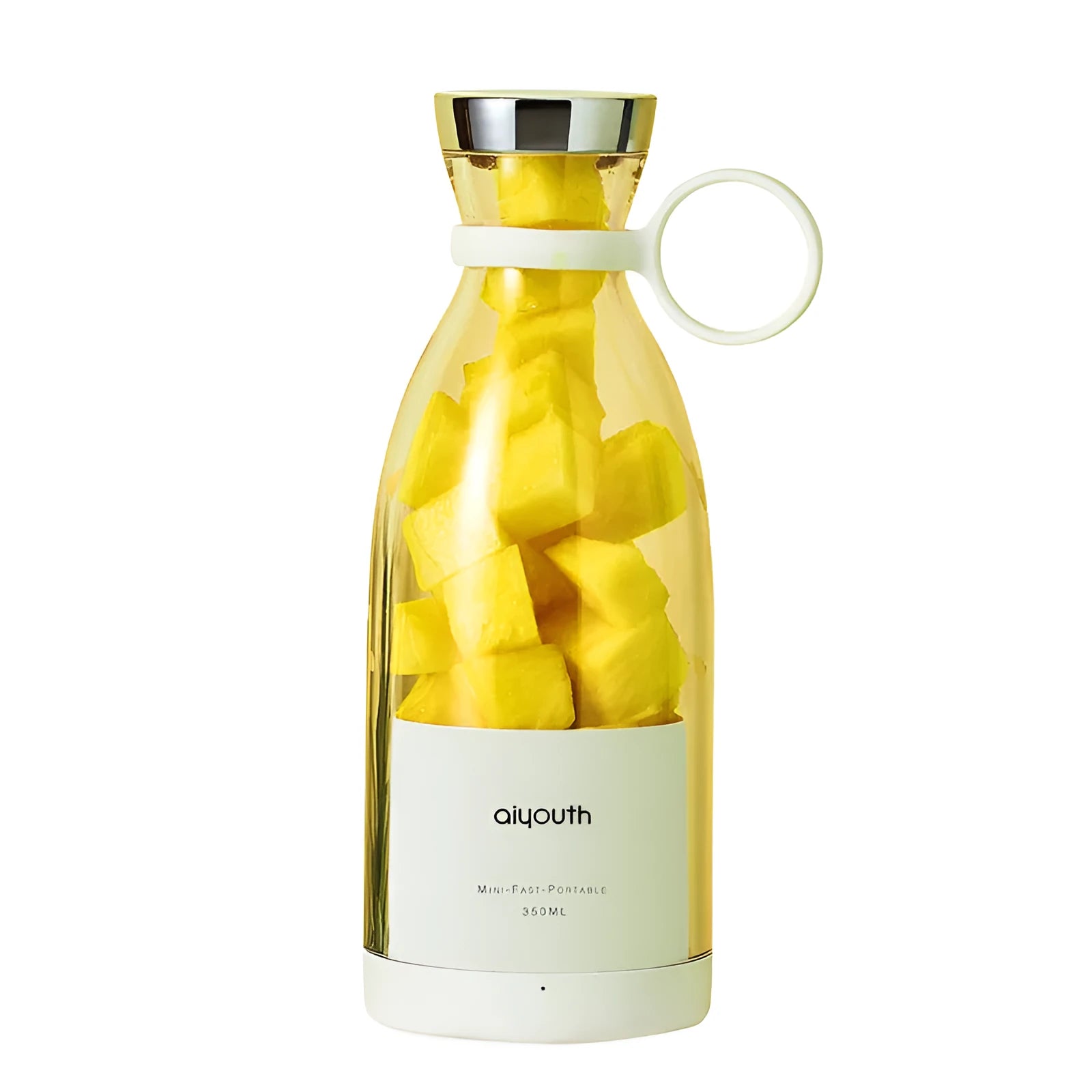 Handheld portable mini juicer in pink with USB charging cable and four-blade stainless steel cutter