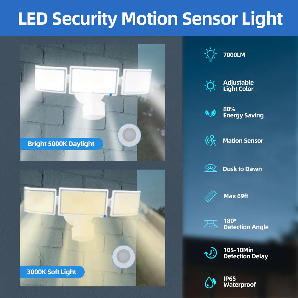 White or black 120V LED security flood light with motion sensor for outdoor wall or ceiling mounting.