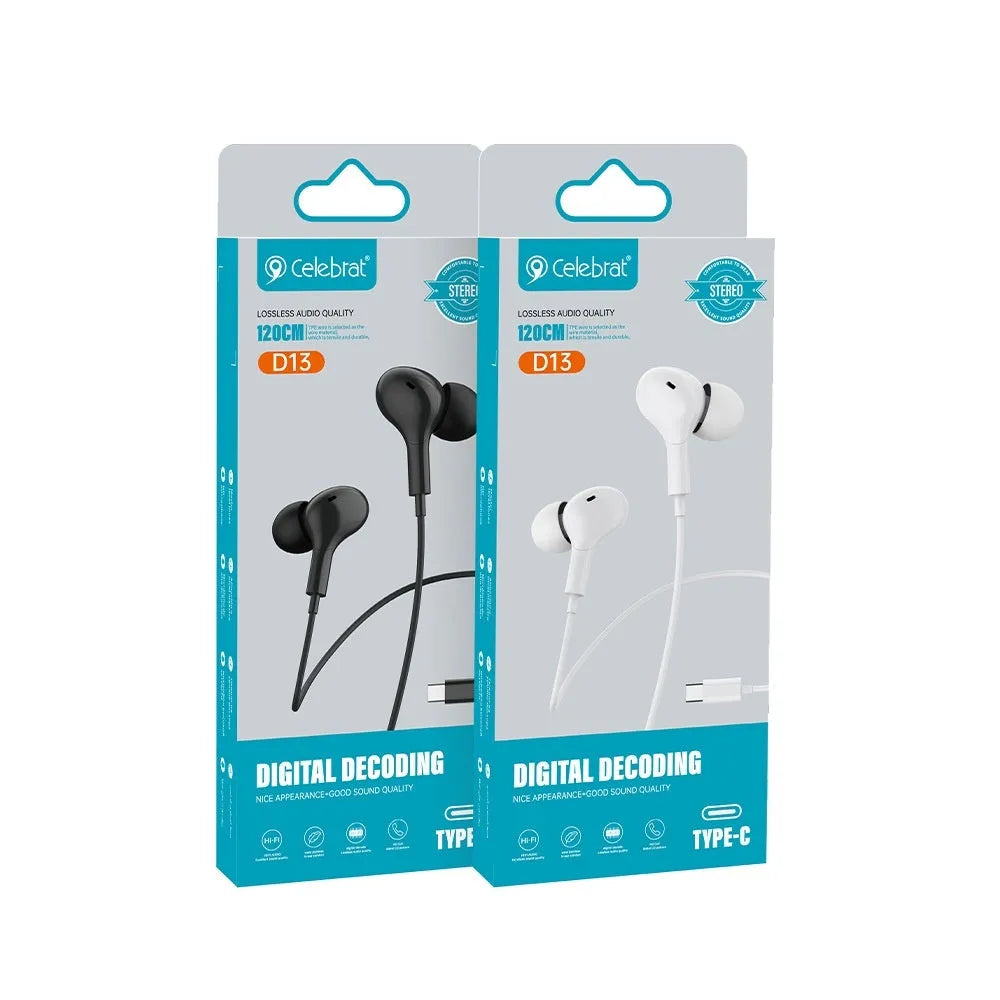 Black in-ear Type-C headphones with 1.2 metre cable on white background