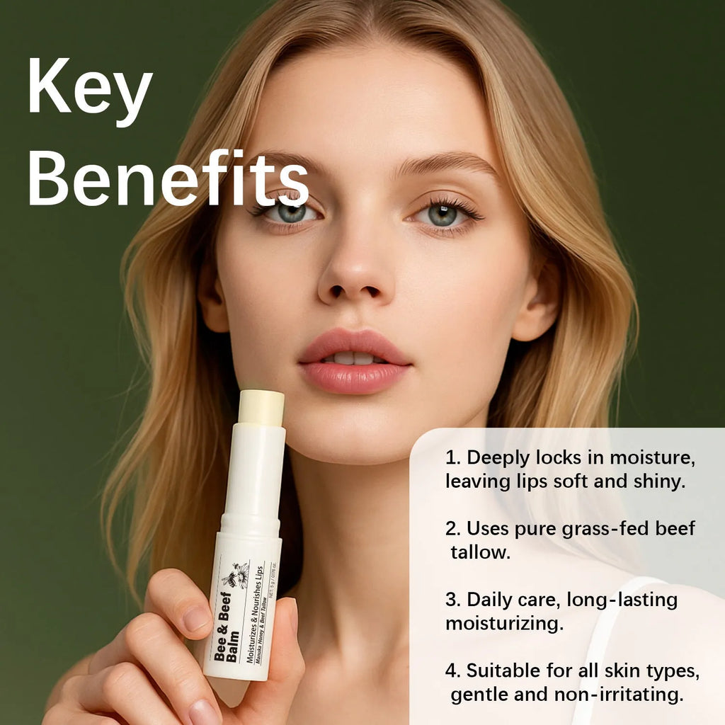 Beef fat and organic grass-fed butter lip balm stick measuring 83mm