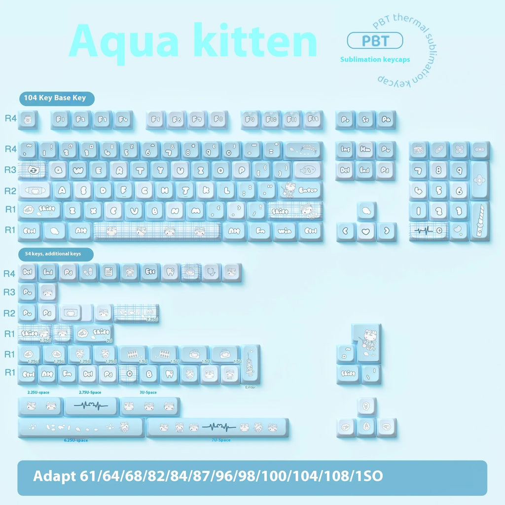 Custom watercolour kitten design PBT keycap set for mechanical keyboards, showing 138-key or 158-key full layout.