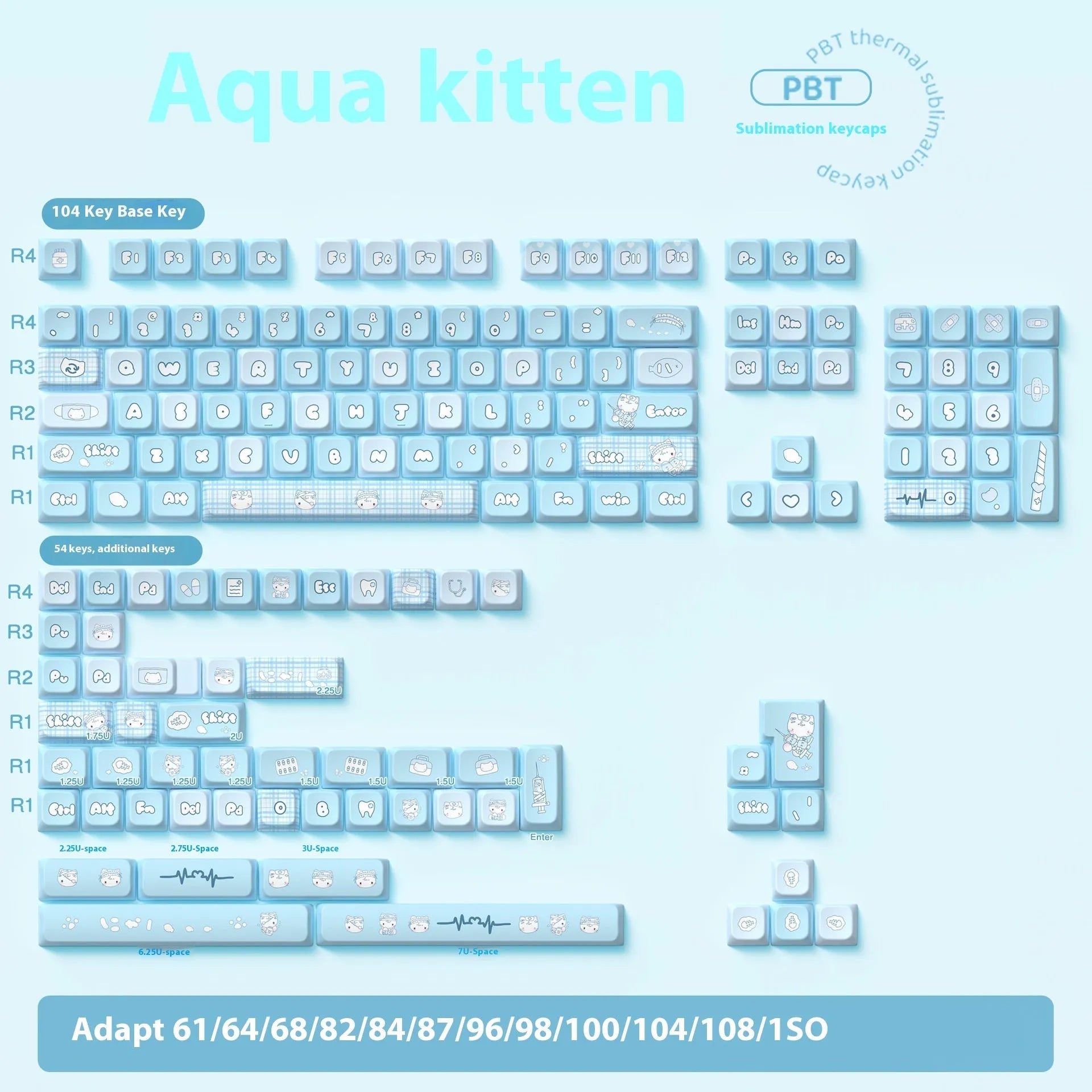 Custom watercolour kitten design PBT keycap set for mechanical keyboards, showing 138-key or 158-key full layout.