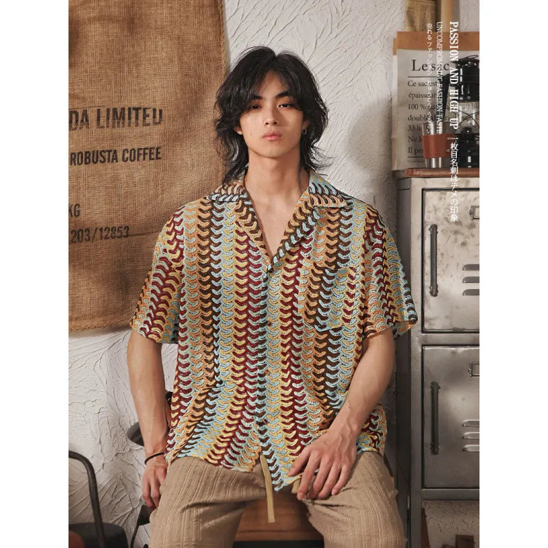 Japanese style Cuban collar mens short sleeve shirt with hollow jacquard pattern in grey or red colour