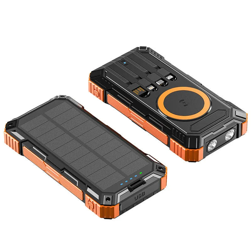 Industrial style 20000mAh solar power bank with LED flashlight black ABS plastic shell