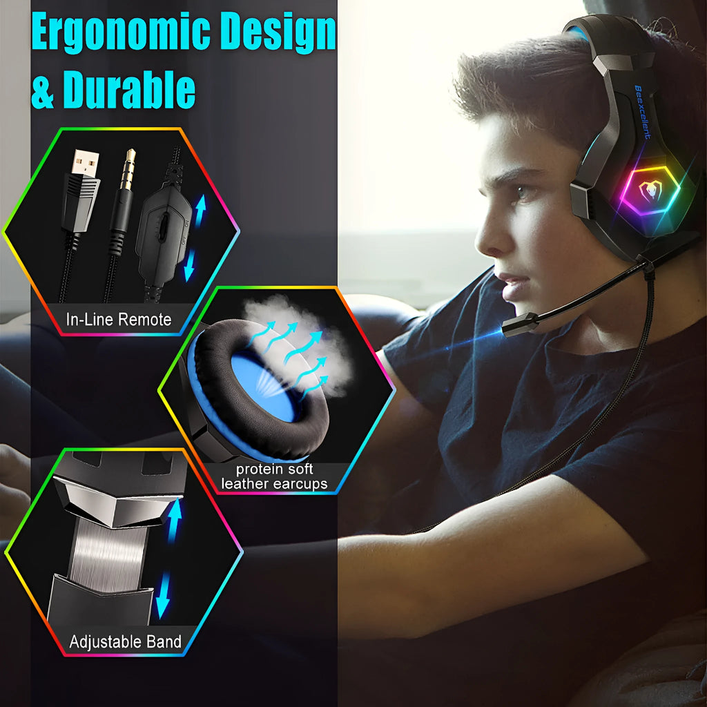 Black gaming headset with luminous blue trim, 50mm drivers, microphone, and dual USB/3.5mm cable