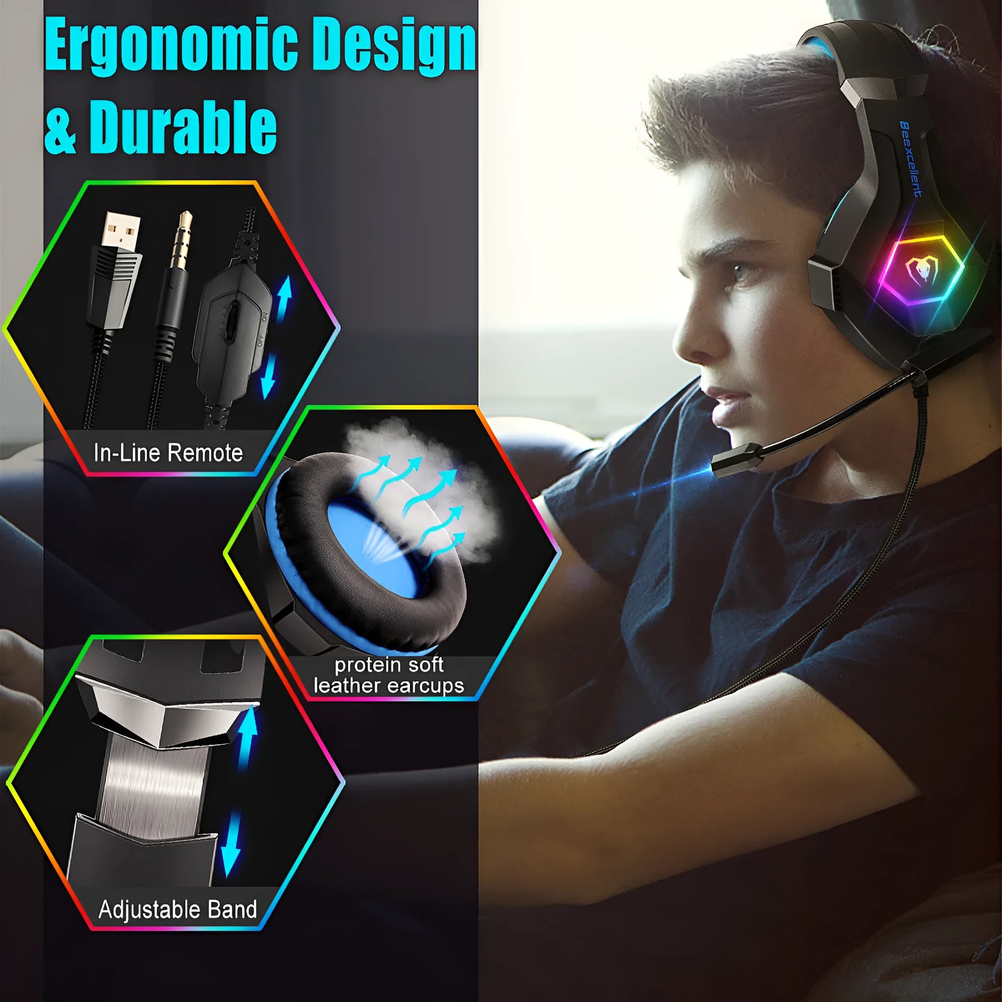 Black gaming headset with luminous blue trim, 50mm drivers, microphone, and dual USB/3.5mm cable
